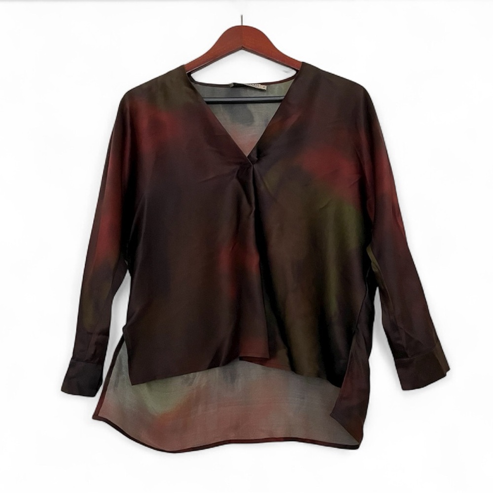 GO SILK Washable 100% Silk Blouse Abstract Watercolor Pattern V-Neck Top Size XS